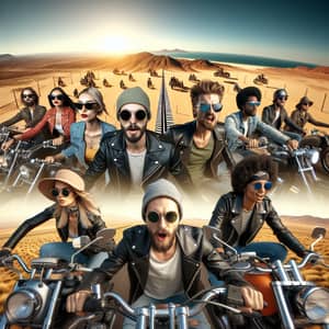 Diverse Group in Leather Jackets Revving Motorcycles in Desert Landscape