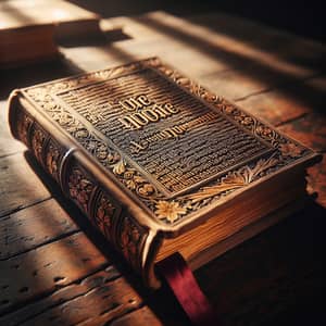 Intricately Detailed Hardcover Book on Vintage Wooden Table