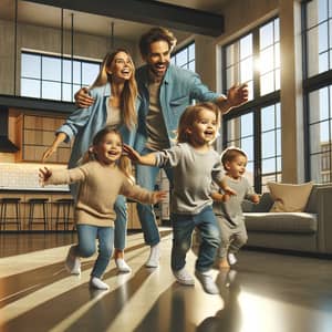 Modern Apartment Joy: White Couple & 2 Diverse Kids