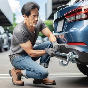 Professional Towbar Installation on Modern Blue Sedan | Expert Mechanic