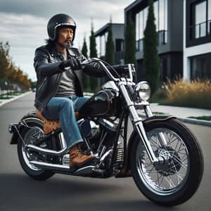 Middle-aged Eastern Asian Man Riding Classic-Style Motorbike