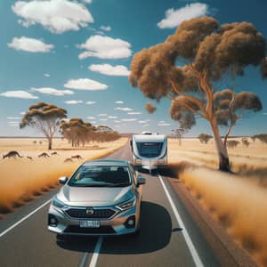 Silver Sedan Towing Modern Caravan on Australian Road