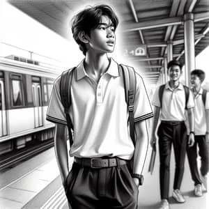 South Asian Teenager Journeying to Office in White Polo and Black Pants Sketch