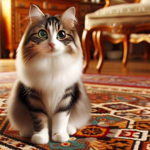 Silky Black and White Cat on Colorful Rug