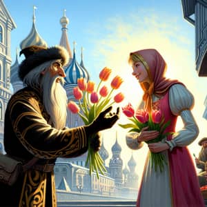 Russian Tale: Ivan the Fool Gives Tulips to Hermione under Moscow Sun