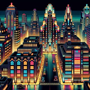 Art Deco Cityscape Night: Symmetrical Skyscrapers & Neon Lights