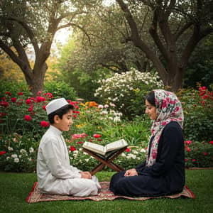 Muslim Boy Reciting Quran in Flower Garden