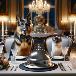 Sophisticated Dog and Cat Dinner Scene at Elegant Dining Table