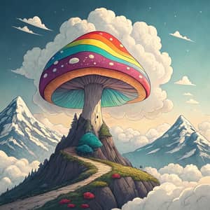 Rainbow Mushroom on a Lonely Peak - Cartoon Art