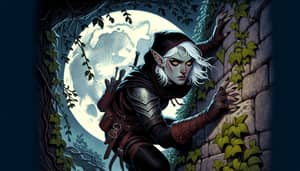 Half-Moon Elf Girl - Art Illustration Adept at Scaling Ivy-Covered Walls