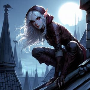 Half-Elf Girl Concept Art | Moonlit Northern City Rooftop Scene