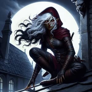 Mysterious Half-Elf Girl: Moonlit Rooftop Fantasy Art