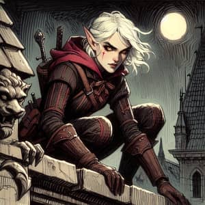 Half-Elf Girl Night Rooftop Sketch Art | Rogue Aesthetic