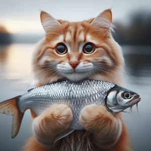 Majestic Ginger Cat Holding Shimmering Silver Fish