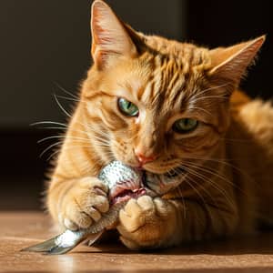 Realistic Cat Enjoying a Fish Meal