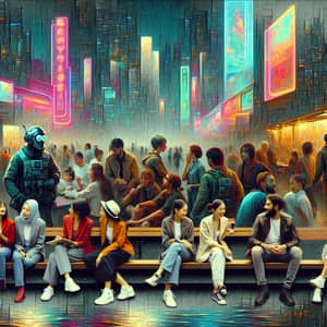 Cyberpunk Style Artwork: Diverse Group in Future Setting