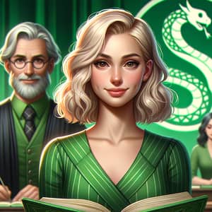 Enchanting Green-Themed School Study Scene with Captivating Characters