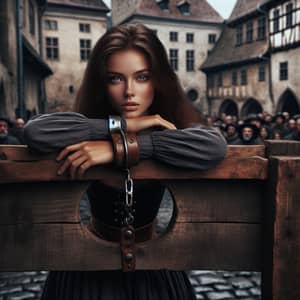 Defiant Young Female in Medieval Pillory | Historic Scene