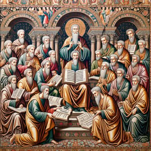 Elaborate Medieval Religious Tapestry: Arius Teaching Heresy