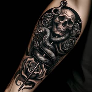 Skull and Snake Tattoo with Black Rose