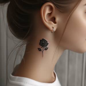 Elegant Black Rose Tattoo Behind Ear for Women