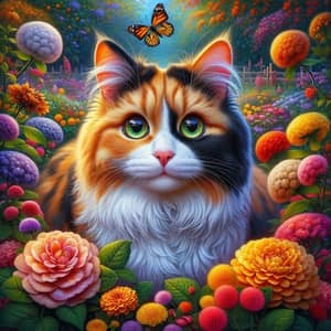 Vibrant Garden Cat with Calico Fur | Peaceful Nature Scene