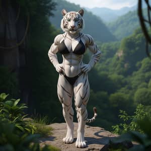Anthropomorphic White Tigress in Black Bikini