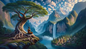 Serene Mountain Landscape with Waterfalls and Meditating Sadhu