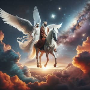 Arab Man on Winged Horse Ascending to Sky with Angel