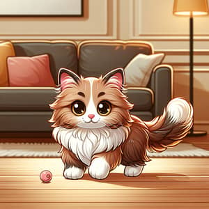 Playful Fluffy Cat Illustration in Cozy Living Room