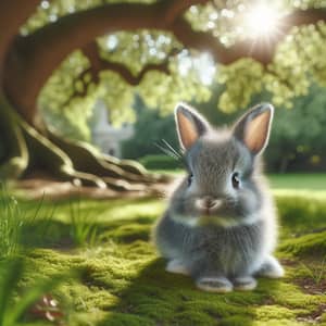 Adorable Gray Bunny Sitting on Green Grass Under Oak Tree