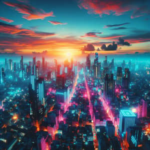 Glowing Cyberpunk Cityscape at Sunset - Vibrant Neon Lights