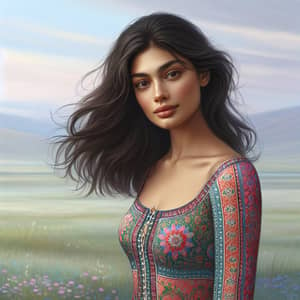 South Asian Woman in Vibrant Dress | Calm Landscape Scene