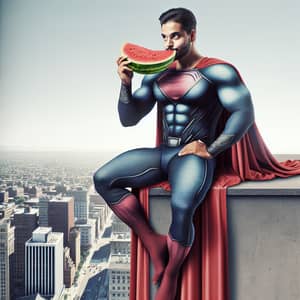 Hispanic Male Superhero Enjoying Watermelon on City Rooftop