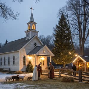 Small Town Church with Christmas Nativity Scene