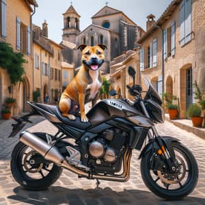 Staffordshire Bull Terrier on Yamaha FJR 1300 in Saint Guilhem le Desert