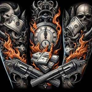 Elaborate Tattoo Sleeve with Pocket Watch, Money, Revolvers & Devil