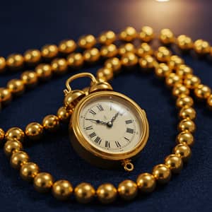 Golden Bead Necklace with Clock - Unique Jewelry Piece