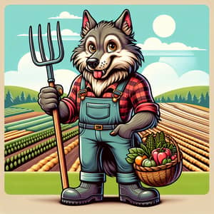 Whimsical Wolf Farmer Cartoon Illustration