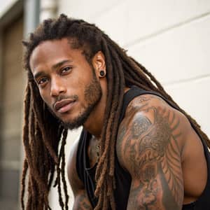 Handsome Black Man with Dreads and Tattoos