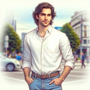 Charismatic Man with Medium Length Wavy Hair in Urban Setting