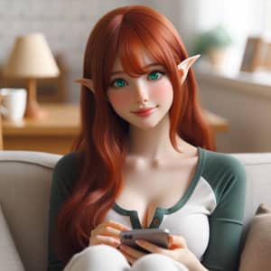 Emerald-Eyed Elf Girl Sitting on Couch | Elf Phone Player