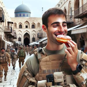 Content Soldier Enjoying Hanukkah Donut in Urban Middle Eastern Setting