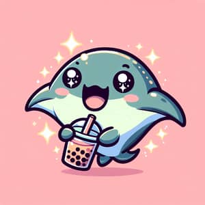 Cute Kawaii Manta Ray Sipping Bubble Tea Illustration