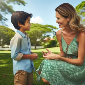 Heartfelt Conversation Between Young Boy and his Mother in Park