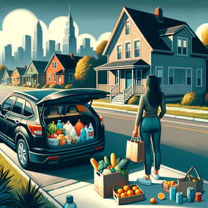 Urban House Scene with Woman Unloading Groceries | City Skyline View