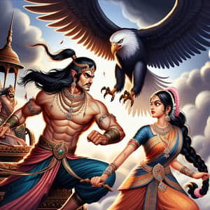 Epic Ramayana Scene: Ravan, Jatayu, and Sita