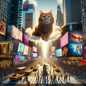 Vivid Times Square Scene with Majestic Cat Crafting Clouds