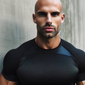 Bald Guy in Black Football Shirt - Strong Physique