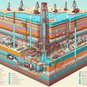 Fracking Process Illustration: Earth Layers, Drilling Rigs, Hydraulic Fracturing